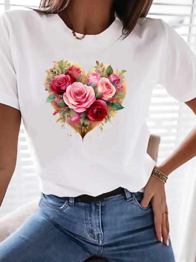 (Asian Size) Print Female Clothing T Shirt Women Fashion Tee Top leopard love heart Woman Short Sleeve Graphic T-shirts