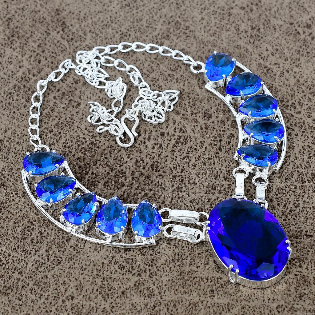 Blue Topaz Gemstone Handmade 925 Sterling Silver Jewelry Necklace 18" KKG-433