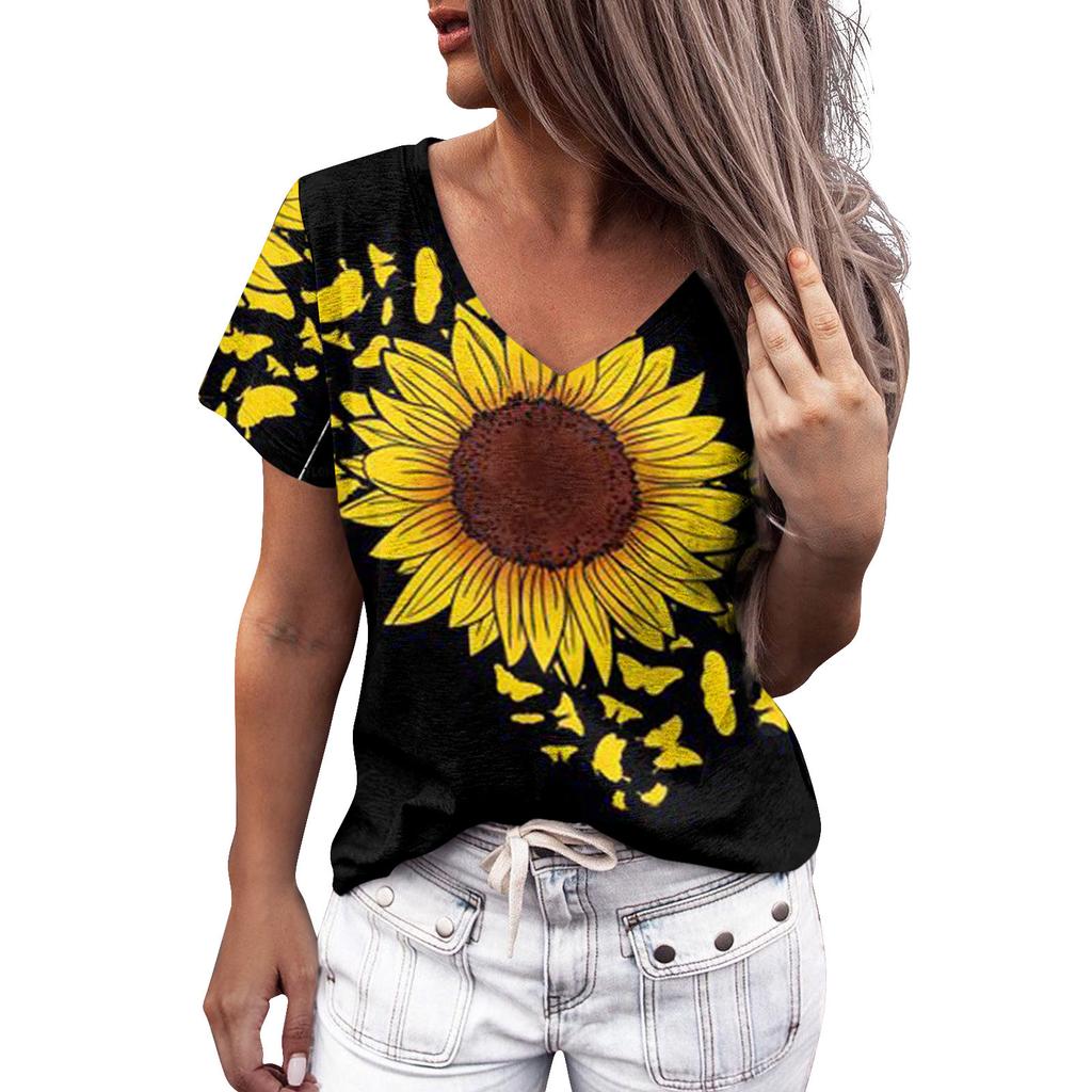 Summer Women Floral Print V Neck Short Sleeve Loose 3D T Shirt