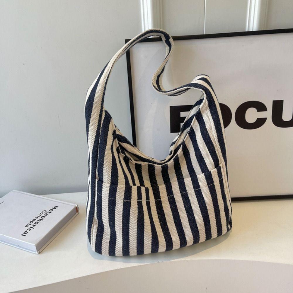 Daily Magnetic Snap Vertical Stripe Bag Tote Vintage Commute Handbag Canvas Shoulder Bag Girls
