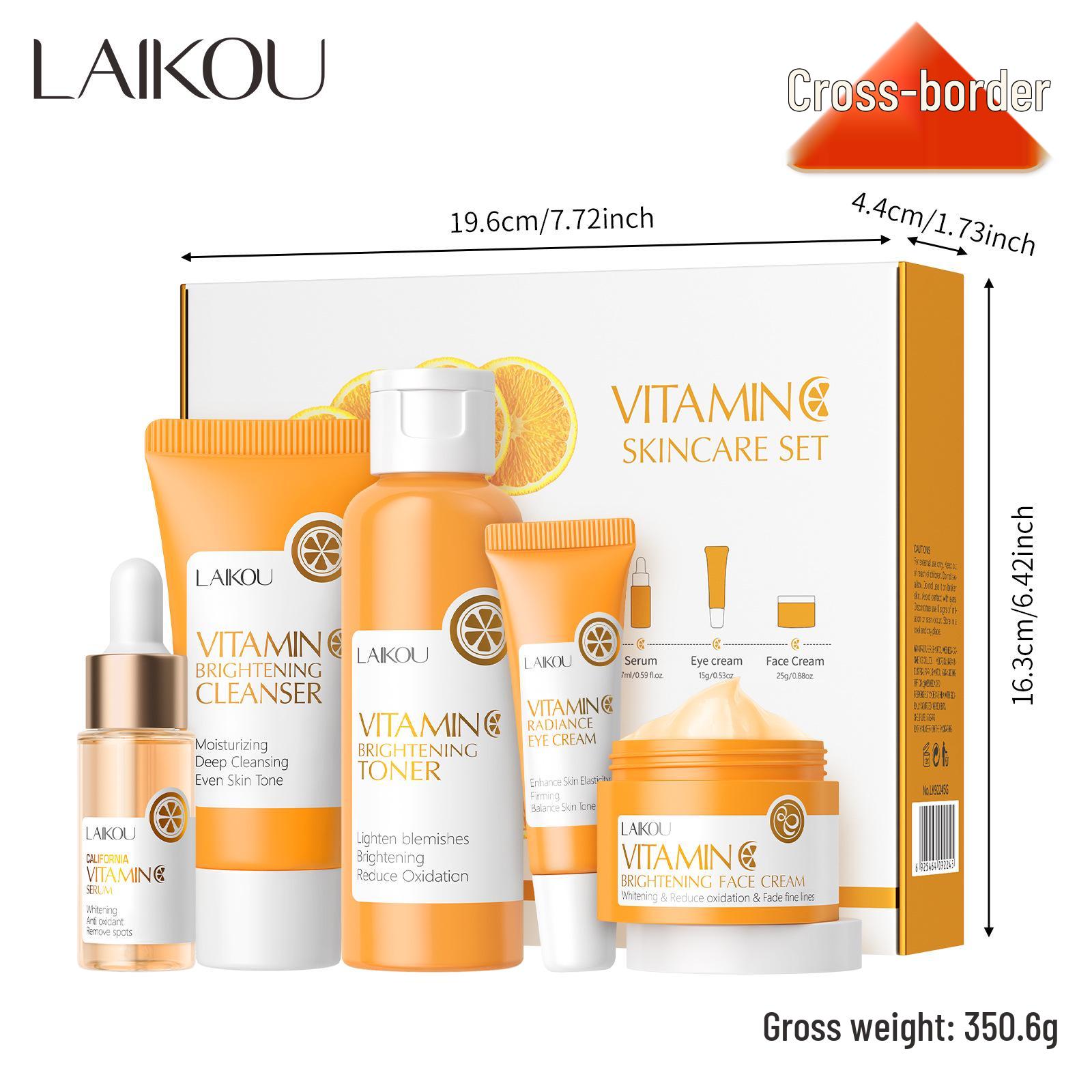 

Набор для ухода за кожей Laikou с витамином C: Очищающее средство, Тоник, Сыворотка, Крем для век, Эссенциальный крем.