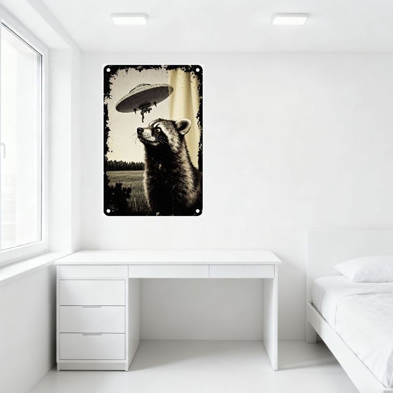Vintage Raccoon UFO Metal Tin Sign, Retro Distressed Alien Poster Wall Decor for Home Man Cave Bar Garden Decor