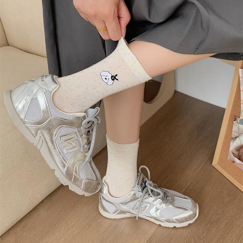 Autumn Korean Women's Cotton Socks - Embroidered Animal Bow & Dotted Yarn Design