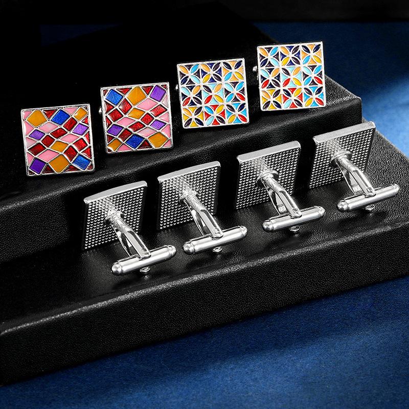 2024 Neues Design Bunte Emaille Quadratische Manschettenknöpfe Herrenhemd-Accessoires Modisch Kariert Bemalt Formeller Anzug Ärmelnägel Knopf