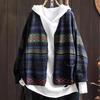 Johnature Women Vintage Sweaters Striped Print Floral Spring Chinese Style V-Neck Long Sleeve Knitted Sweaters