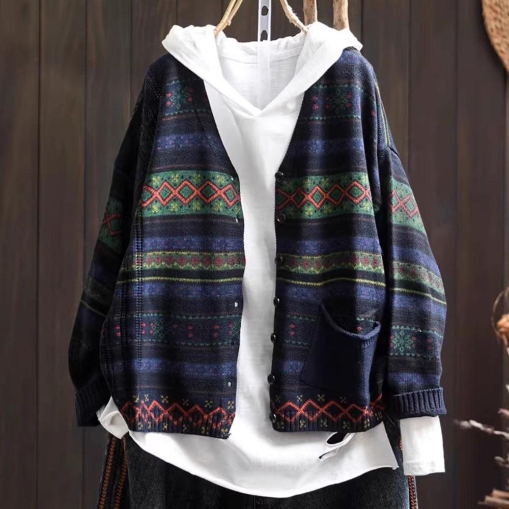 Johnature Women Vintage Sweaters Striped Print Floral Spring Chinese Style V-Neck Long Sleeve Knitted Sweaters