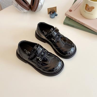 Kids School Uniform Shoes Black Glossy Girls Leather Shoes Retro Hook&loop 2025 New Boys Flat Shoes British Style Soft Sole