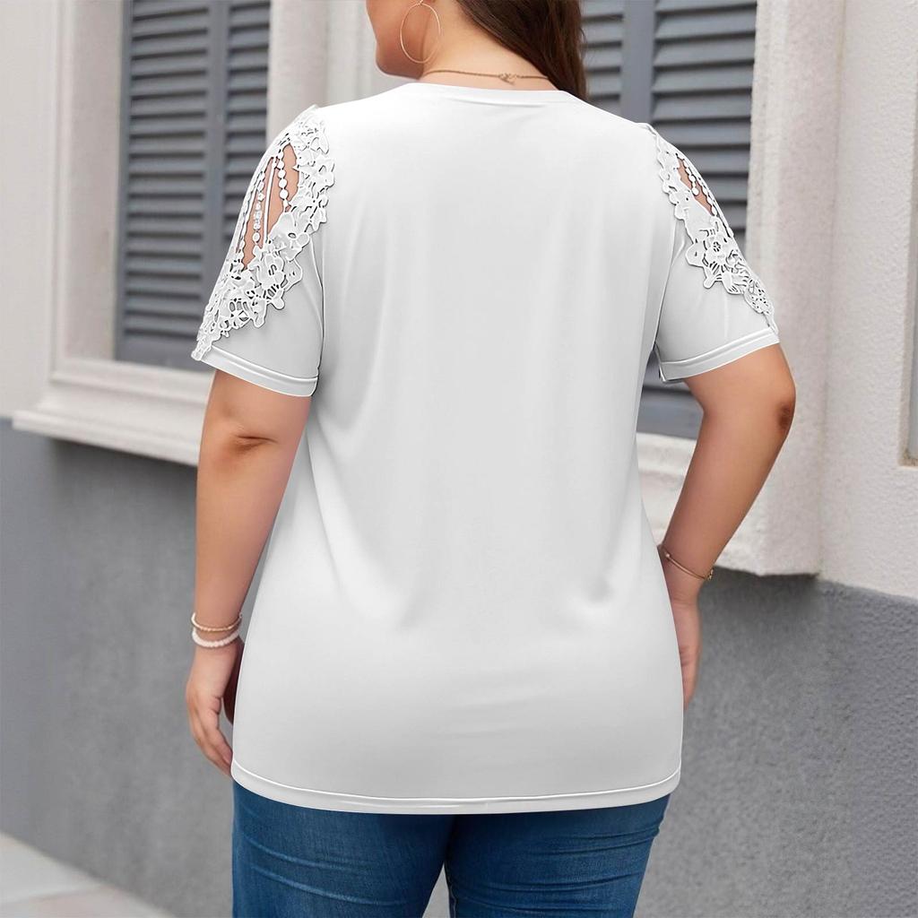 Plus Size Women's Fashion Casual Loose Elegant Off-shoulder Hollow-out Short-sleeve T-shirt Top