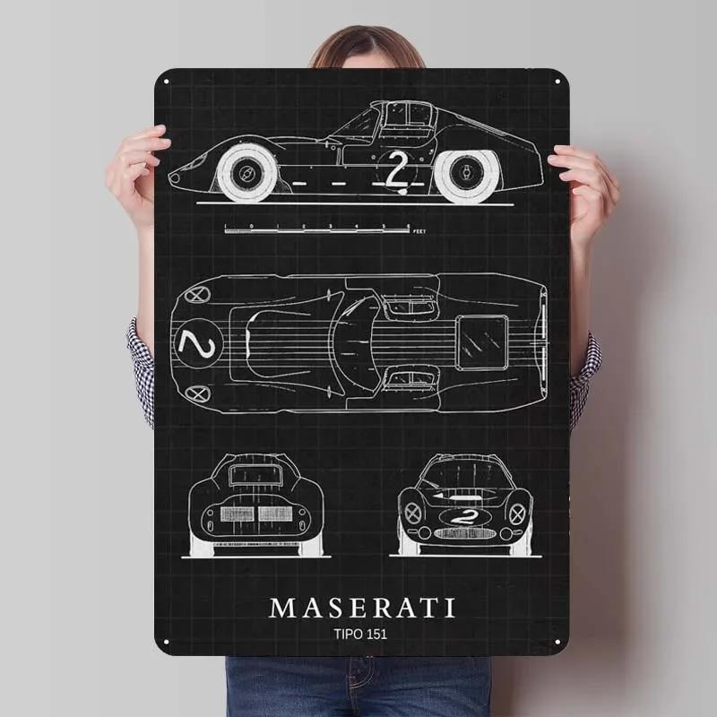 Maserati Plåtskylt Bilar Poster Dekoration för Hemdekorationer Retro Metallskylt Plakett för Garagsväggkonstdekoration Rum