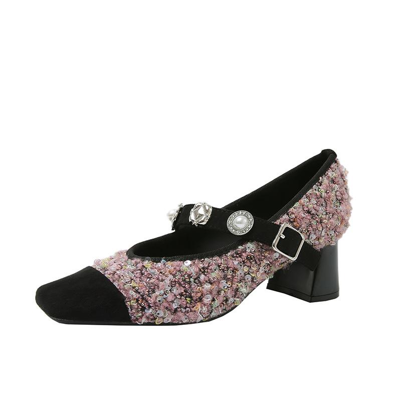 Fashion Women New Design Sequined Mary Jane Shoes Buckle Pumps Elegant Shallow Hollow Thick Heel Casual Shoes Ladies Party Leather Shoes