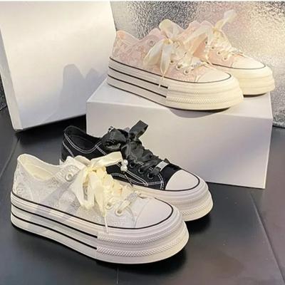 Mode 2024 Sommer Neue Sommer frauen Plattform Schuhe Bestickt Mesh Atmungsaktive Canvas Schuhe Mädchen Outdoor Lace-up Casual Sneakers