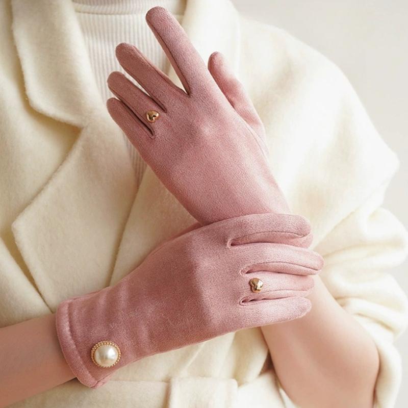 Autumn Winter Warm Women Gloves Winter Warm Full Finger Touch Screen Gloves Retro Pearl Driving Mittens Cycling Driving Mittens