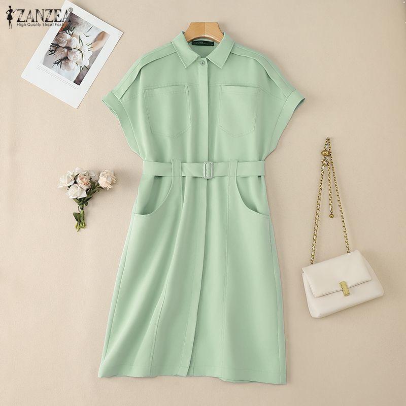 ZANZEA Women Turn Down Collar Loose Casual Short Sleeve Shirt Dress