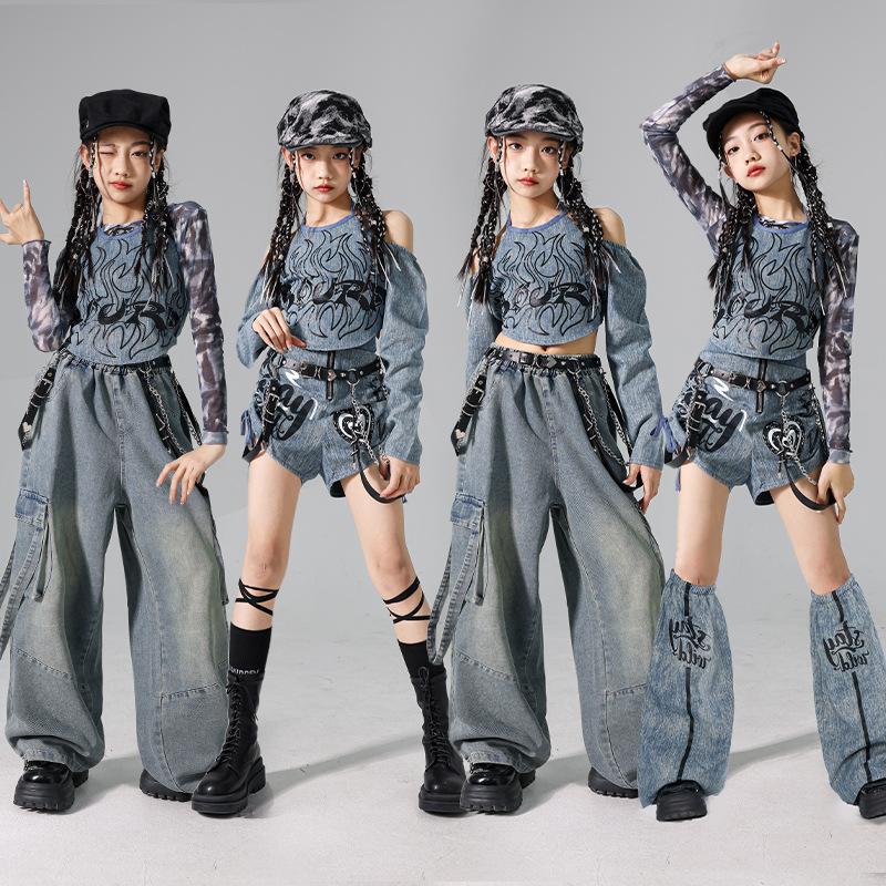 Mädchen K-Pop Denim Crop Top Street Dance Cargo Jeans Hose Kinder Hip Hop Jazz Shorts Kleider Set Kinder Streetwear Bühnenkostüm
