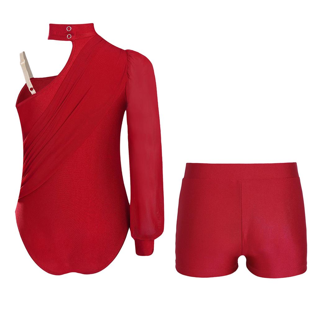 Traje de Danza para Niñas Maillot de Malla Fruncida de Manga Larga con un Hombro y Shorts con Escote en V para Patinaje Artístico Gimnasia