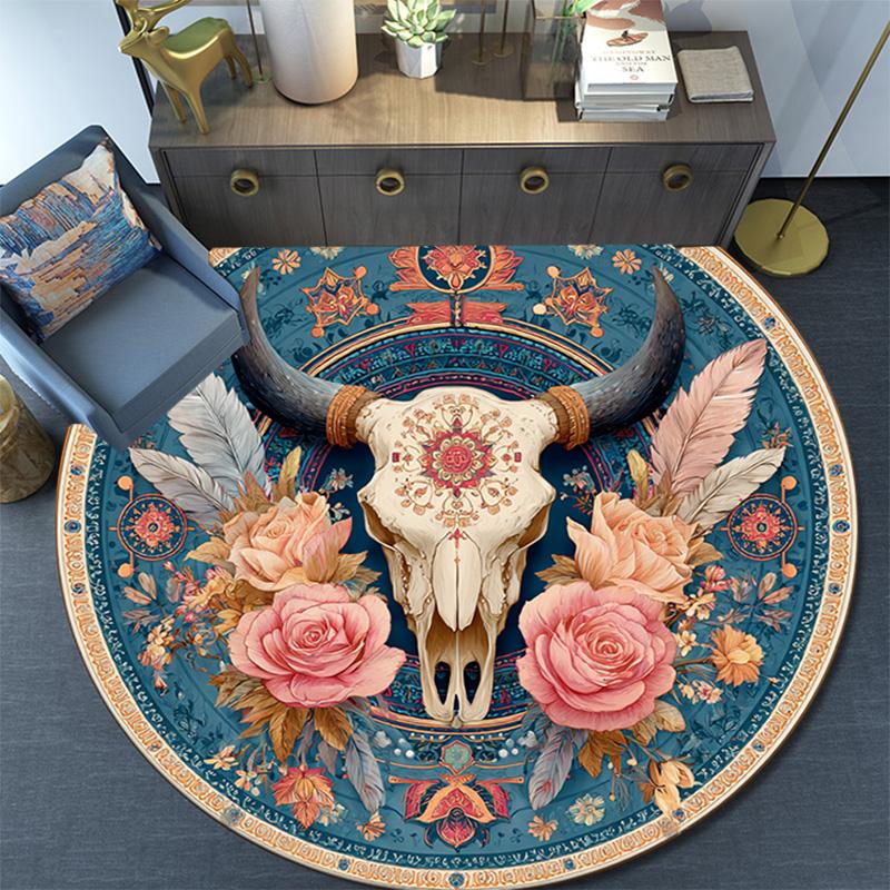 Bohemian Buffalo Skull Round Area Rug,Carpet Rug for Living Room Bedroom Sofa Playroom Decor,Non-slip Floor Mat