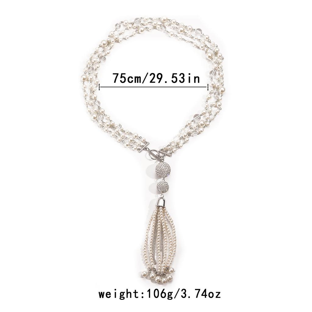 Heavy Industry Hand Woven Full Diamond Imitation Pearl Tassel Pendant Necklace Collarbone Chain for Women