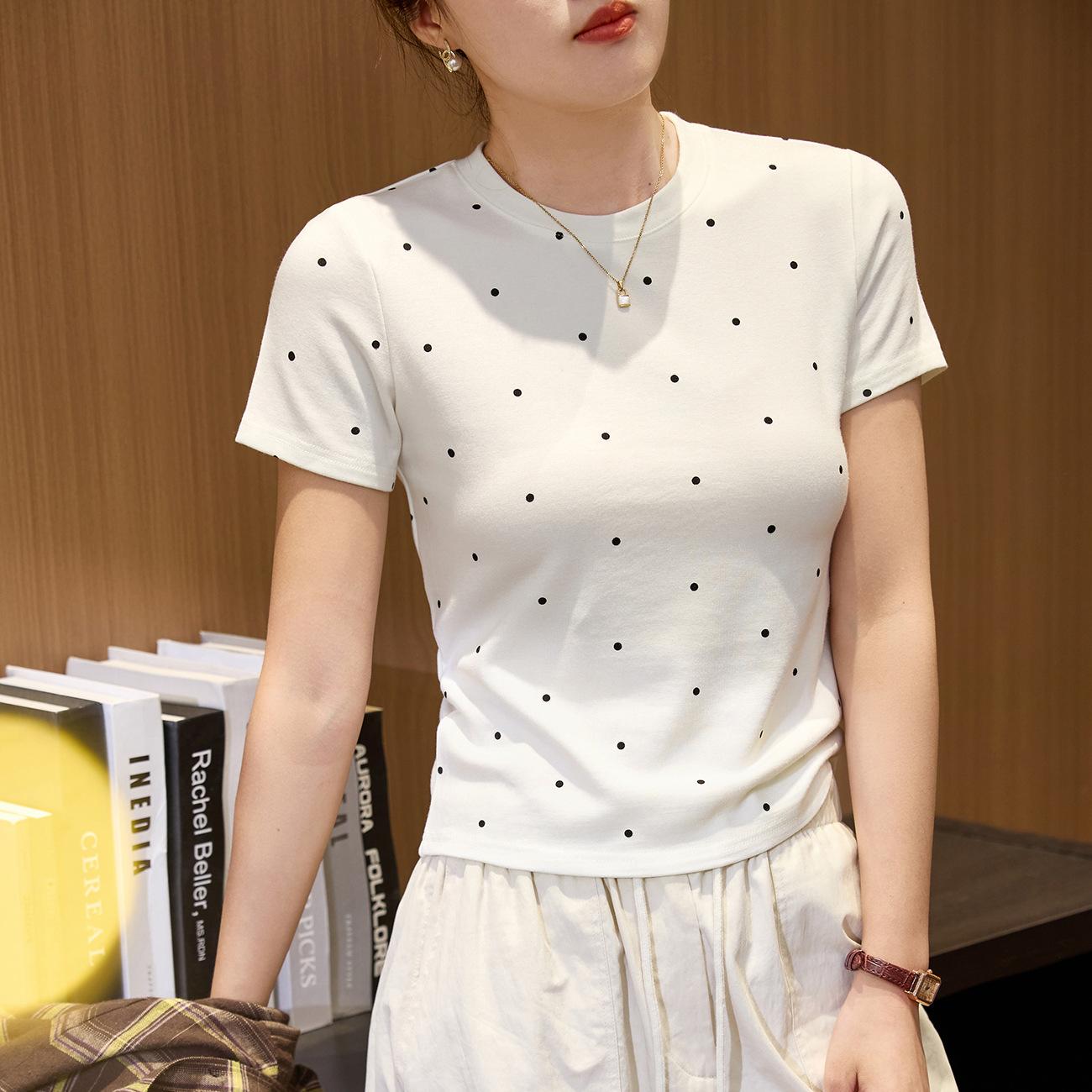 Blended light Modal cotton skin-friendly and soft, age-reducing polka dot T-shirt women s summer short-sleeved versatile Korean version top S