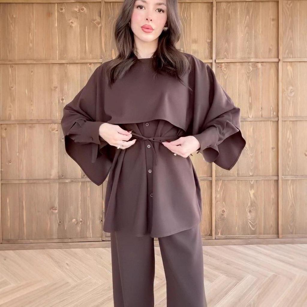 2025 Autumn European & American Women's Long-Sleeve Shawl Waist-Tied Top and Pants Set