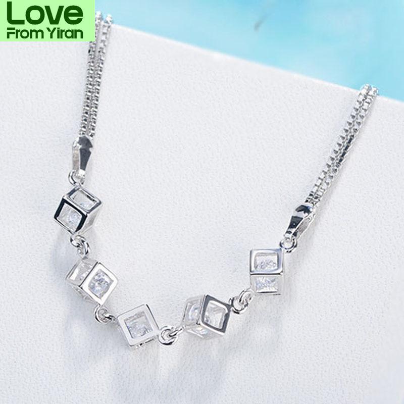925 Sterling Silver Lucky Bracelets Cuff Cube Box Fashion Charm Chain Bangle Women Ladies Girls Jewelry Gift Silber Pulseiras