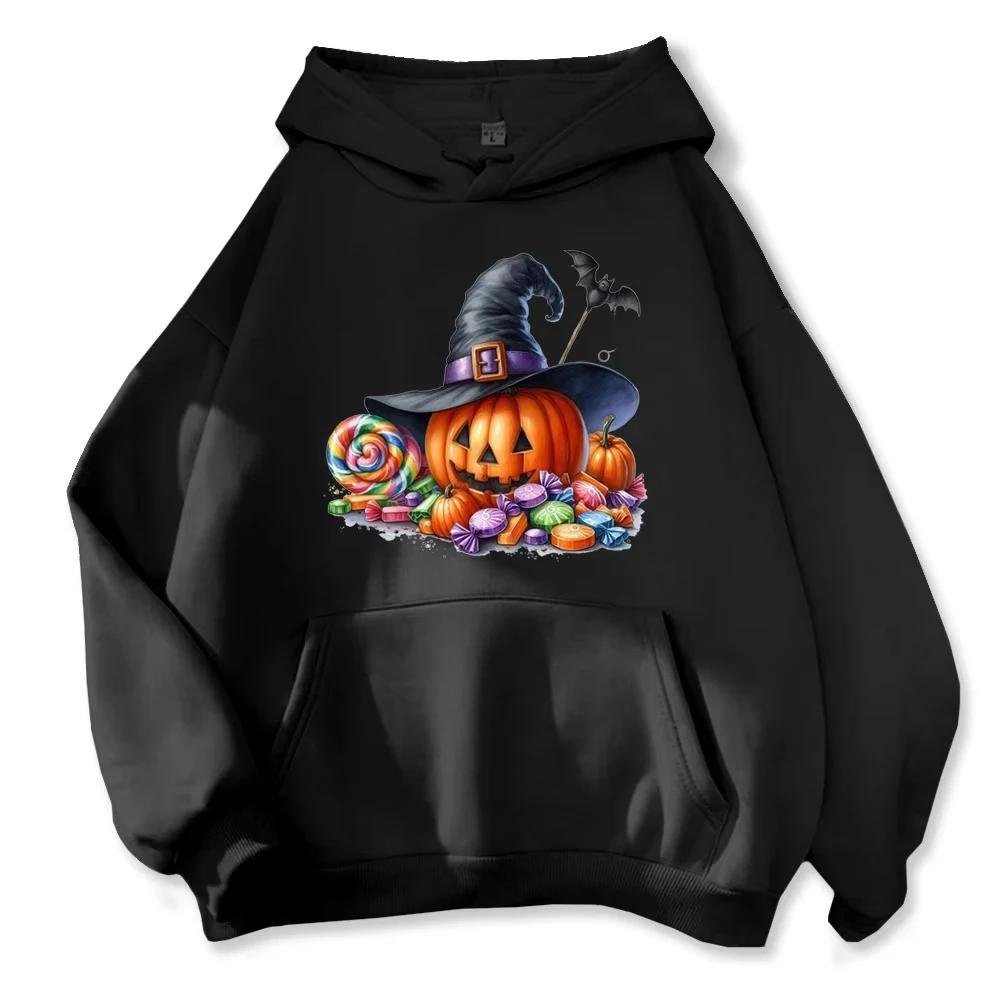 Spooky Halloween Hoodie - Black Base with Witch Hat Pumpkin & Colorful Candy Design Hoodies Unisex Autumn Streetwear Tops