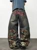 European and American high street loose wide-leg straight American Y washed retro embroidered trendy jeans