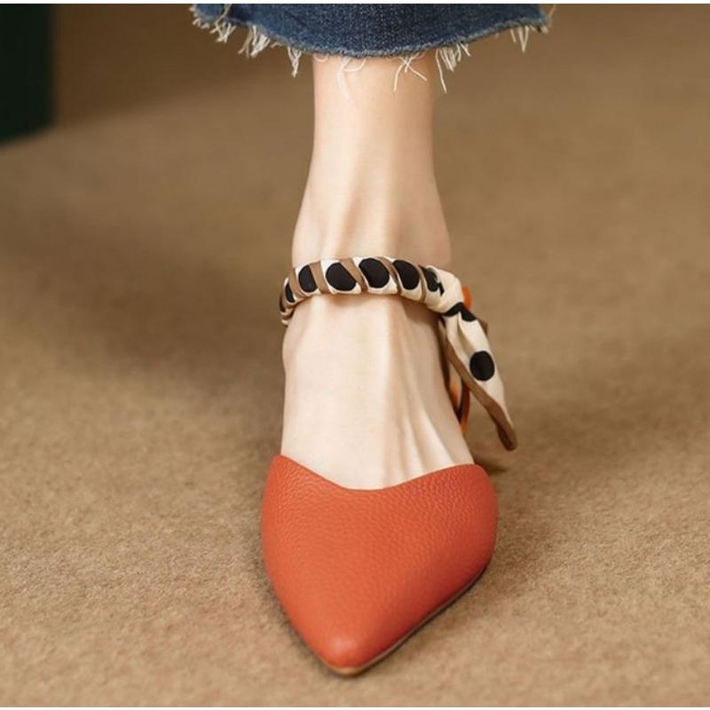 Fashion New Pointed Toe Low Heel Sandals 2025 Summer Women's Shoes Luxury Woman Clothes Elegant Party Orange Shoes with Ties Designer