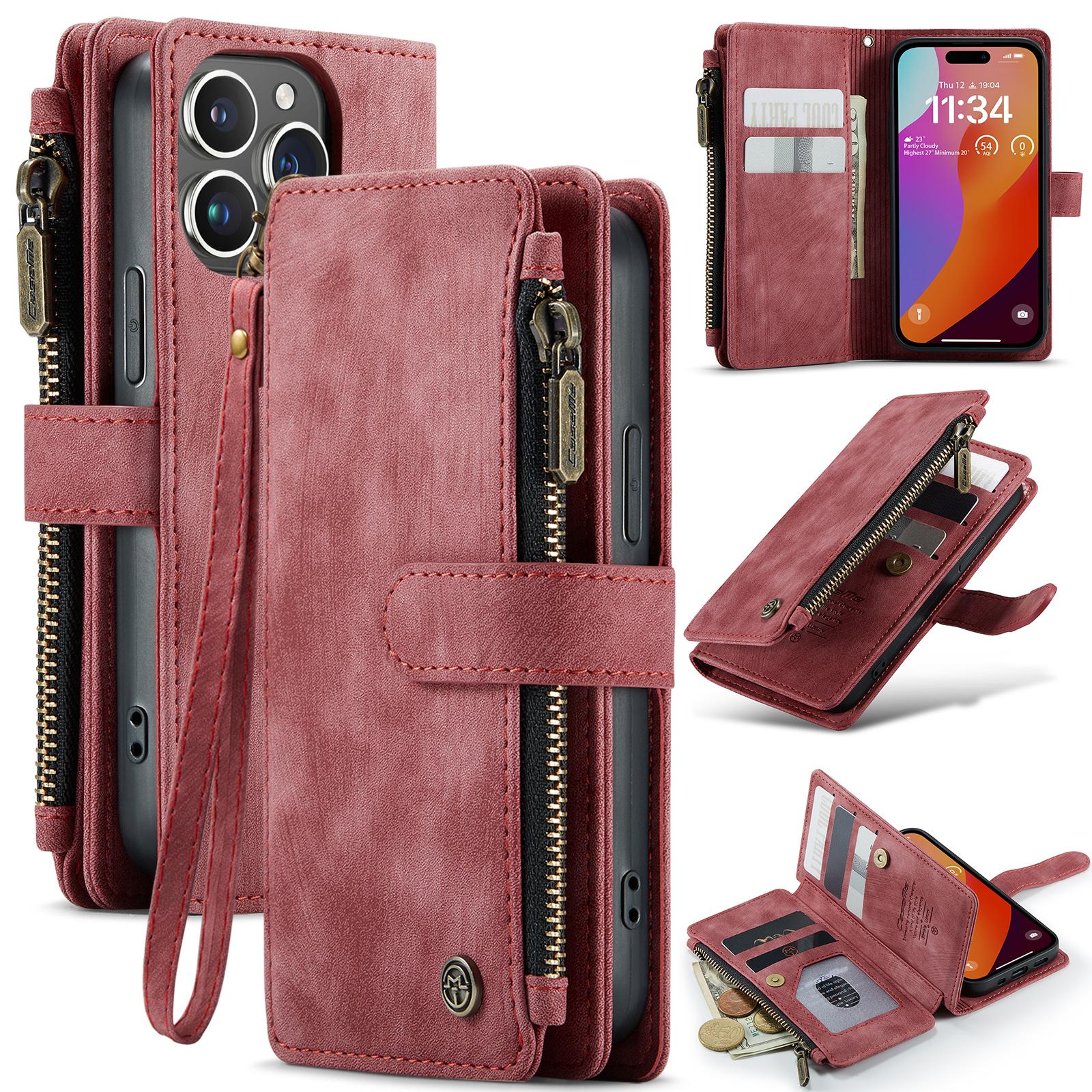 

For iPhone 16 Pro Phone Cases with Strap CASEME C30 Zipper Multiple Card Holder PU Leather Cover Red