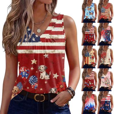Dames mouwloos V-hals tanktop met vlag en bloemenprint, casual losse pasvorm, zomerhemd voor dagelijks gebruik