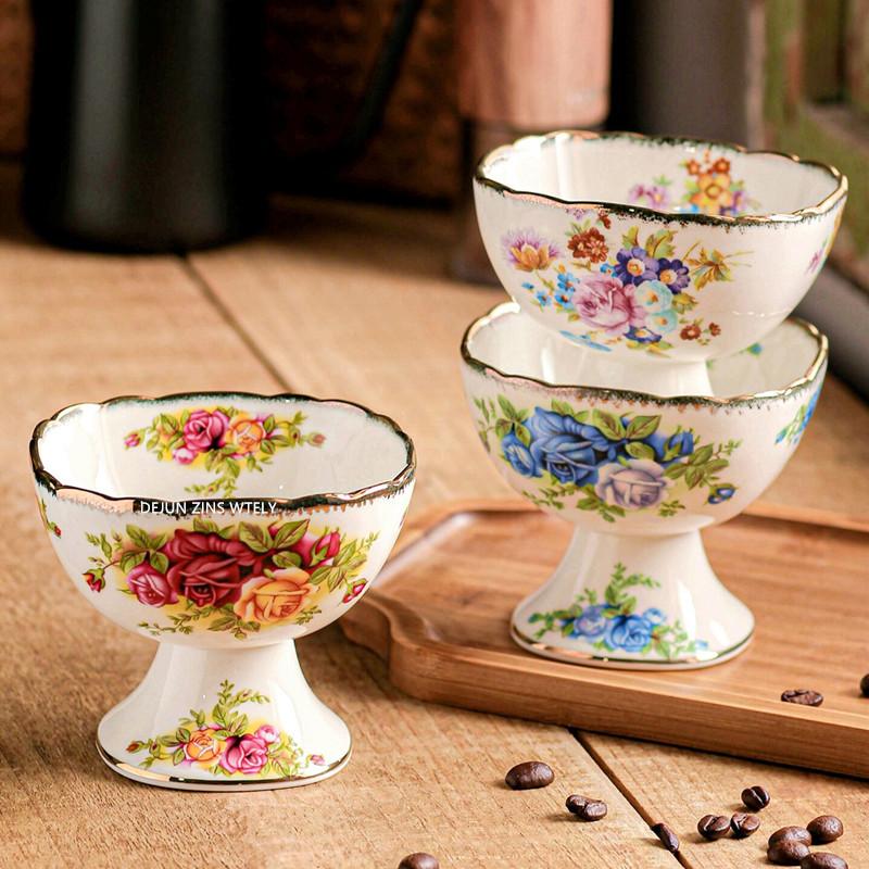 1PC Exquisite Bone China Cake Plate European Afternoon Tea Fruit Dish Tall Ceramic Ice Cream Bowl Kitchen Ceramic Tableware
