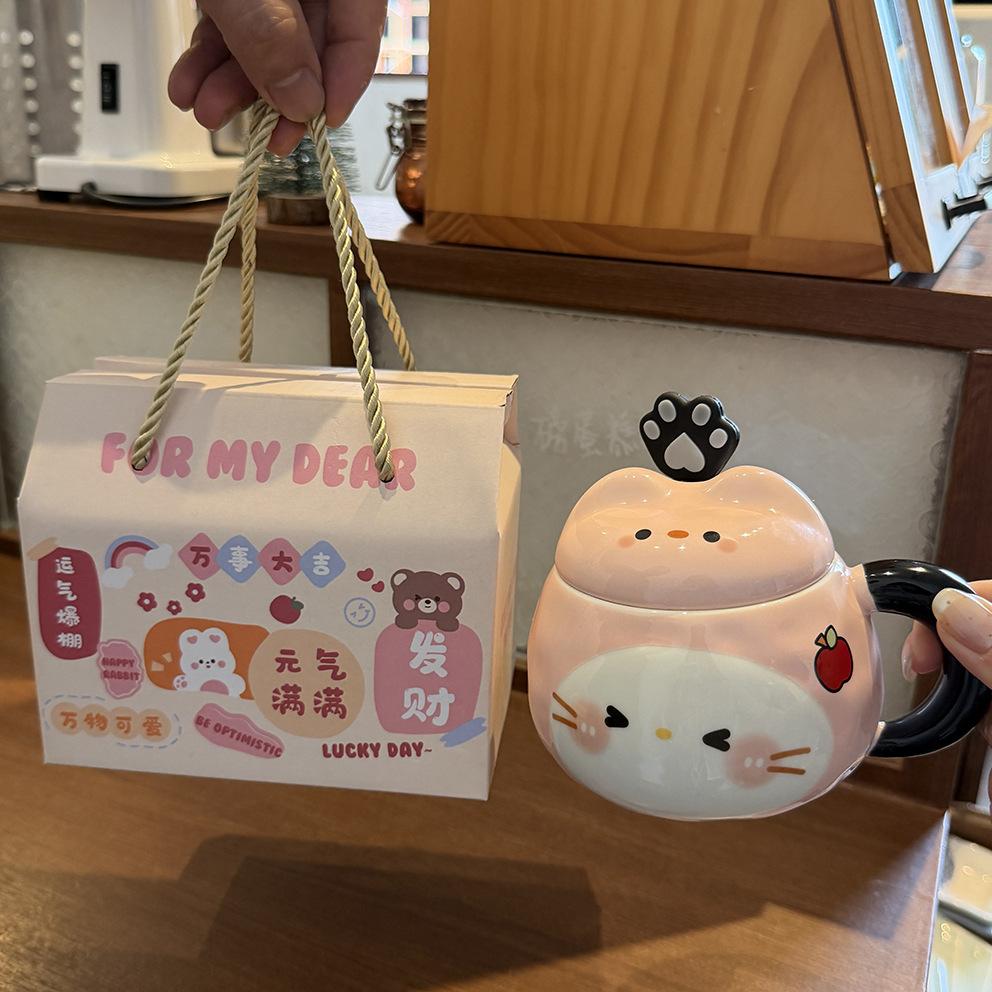 Katzenbecher mit Deckel Löffel hoher Wert Ins-Stil Paarbecher Keramik Trinkbecher für Mädchen Geburtstagsgeschenk