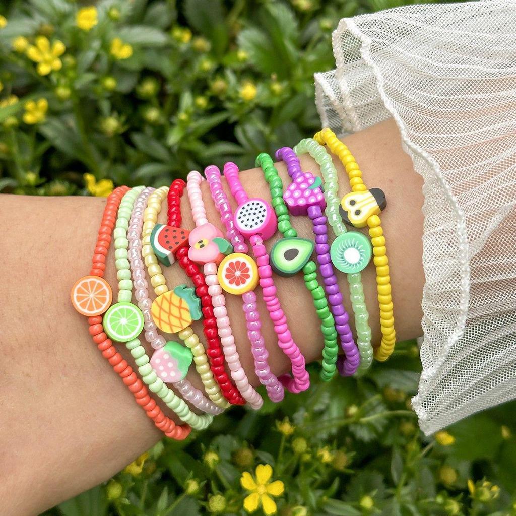 12-Piece Bohemian Rainbow Clay Fruit Bracelet Set: Strawberry, Watermelon, Grapefruit