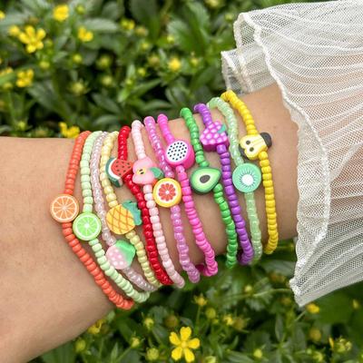 12-Piece Bohemian Rainbow Clay Fruit Bracelet Set: Strawberry, Watermelon, Grapefruit