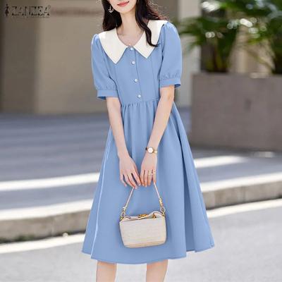 Women Casual Splice Doll Collar Summer Short Sleeve Dress