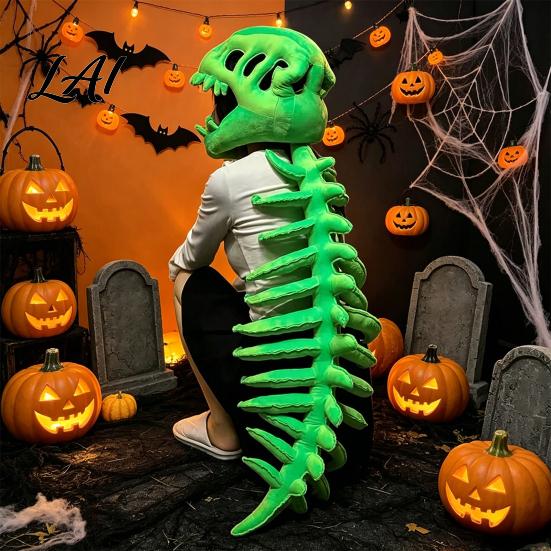 Halloween Party Decor Dinosaur Skeleton Costume 3D Spinosaurus Skull Masque Headpiece And Spine Decoration Plush Hood Costume for Halloween,