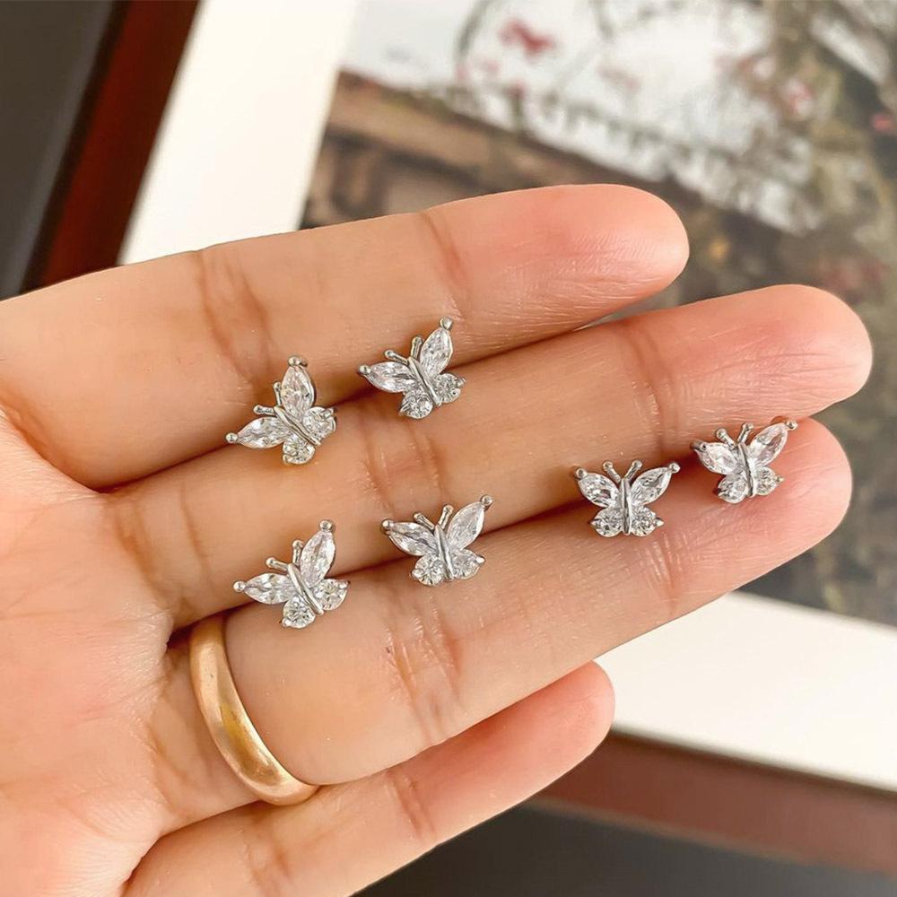 Korean Simple Zircon Small Butterfly Stud Earrings Female Internet Celebrity Style Exquisite Mini Bow Earrings