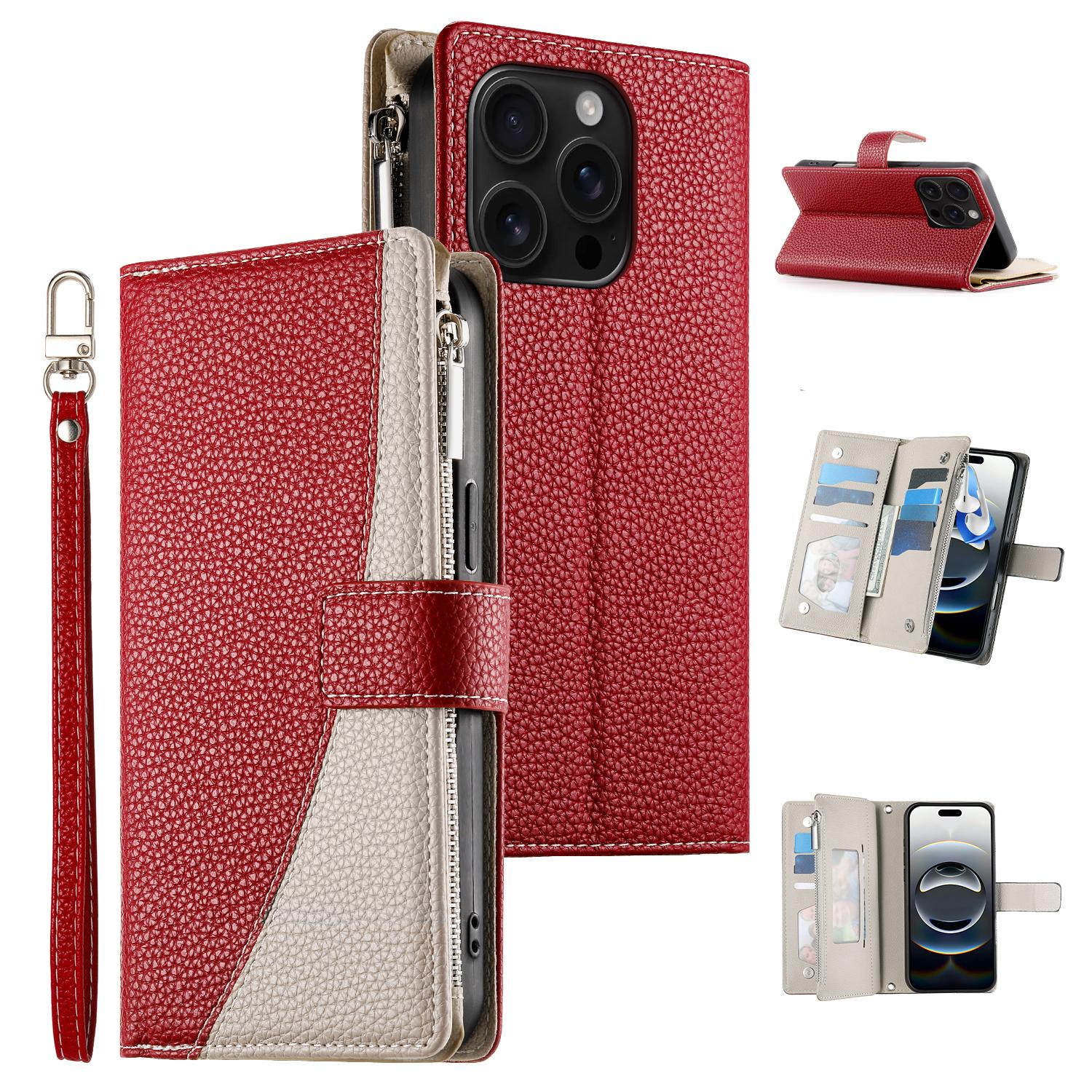 

For iPhone 16 Pro Case Zipper Pocket Wallet Color Splicing Leather Flip Phone Cover with Straps Red