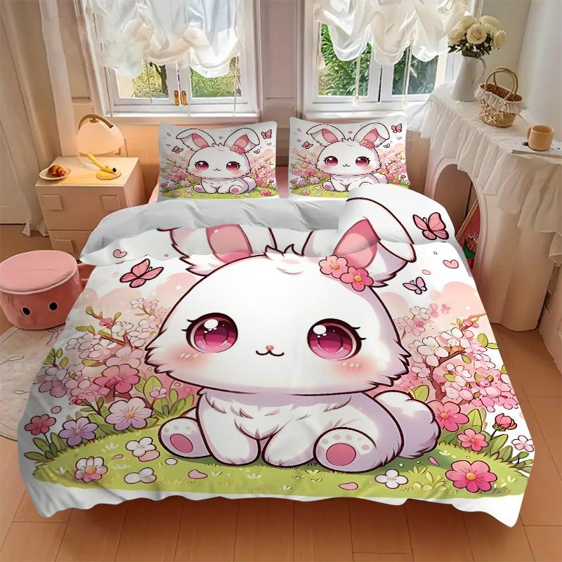 3pcs Sweet White Rabbit Bedding Set, Including 1 Quilt Cover and 2 Pillow Shams, Without Filling, Soft and Comfortable Home Bedroom Fabric,