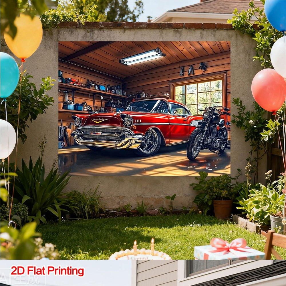 One 2D Flat-print Vintage Car Photography Backdrop Fabric, Made of Polyester, Suitable for Home, Garden or Studio Use.