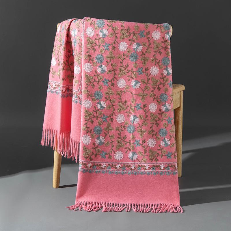 Xinjiang Embroidered Imitation Cashmere Scarf: Women’s Ethnic Style, Warm and Versatile with Tassels