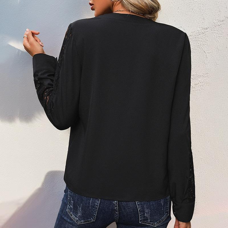 Long-sleeved 2025 Autumn Women's Small Stand-collar Pullover Lace Splicing Shirt