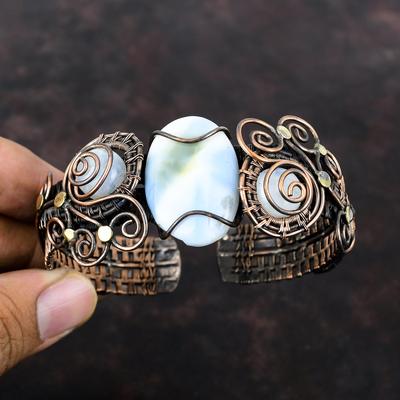 Owyhee Blau Opal Armreif Regenbogen Mondstein Armreif Kupferdraht Gewickelter Armreif Handgefertigt Verstellbarer Armreif Edelstein Kupfer Schmuck