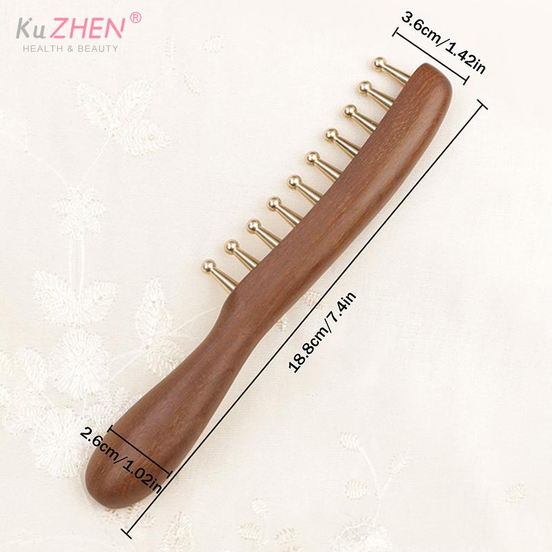 1PC Copper & Wood 10-Teeth  Massager Comb For Head Meridian Therapy And Relaxation Golden Sandalwood Scraping Guasha Long Handle