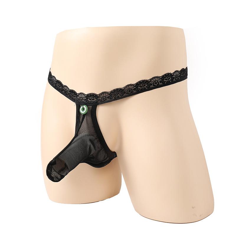 Mens Lingerie Thong Open Elephant Thong Safety Button Underwear Low Rise G-String Mesh See Through Long Penis Sheath Panties