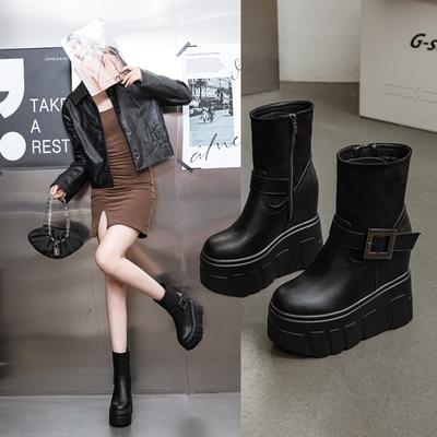 Martin Boots Women's Leather Boots 2025 Autumn and Winter Popular Short Boots Women's Fashion Versatile Thick Sole Inner Height Increased 14cm Super 
