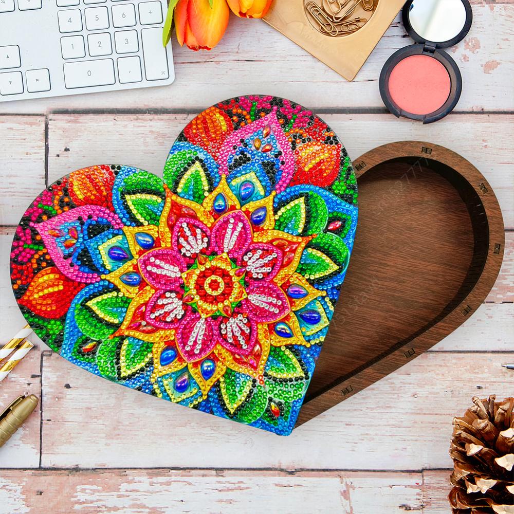 Wood Diamond Painting Jewelry Organizer Flower Bird Crystal Rhinestone Diamond Art Jewelry Case Heart Rose Tulip for Adults Kids