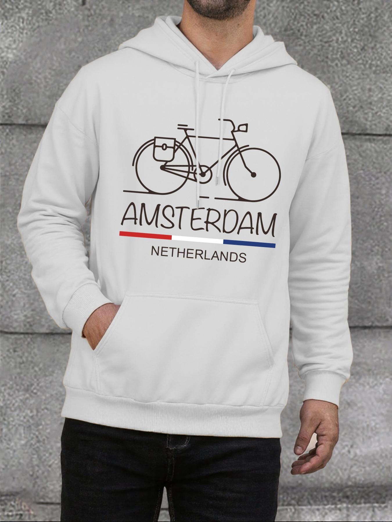 

Amsterdam Netherlands Bike Prints Mans Hoodie Fashion Hip Hop Clothes Street Casual Hoody Autumn Loose Warm Sportswears Male 2XL