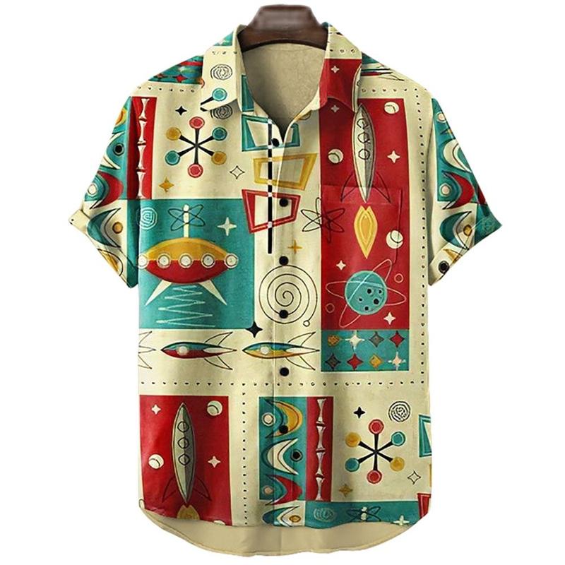 Men Clothing Hawaiian Vacation Beach Shirt Lapel Blouse Summer Casual Clothes Tops Chemise