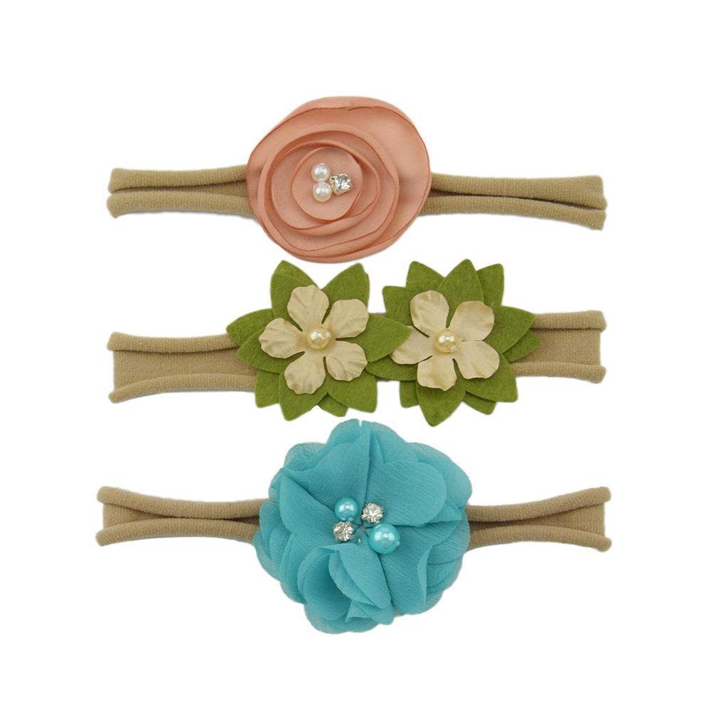 Children'S Nylon Headband Three-Piece Elastic Soft Headband Green Flower Headgear Versatile Head Flower Set