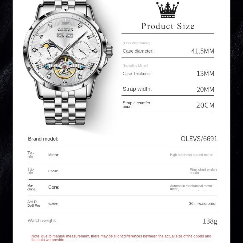 OLEVS Brand Multi-functional Men's Watch Luminous Waterproof Automatic Mechanical Watch Men's Watch